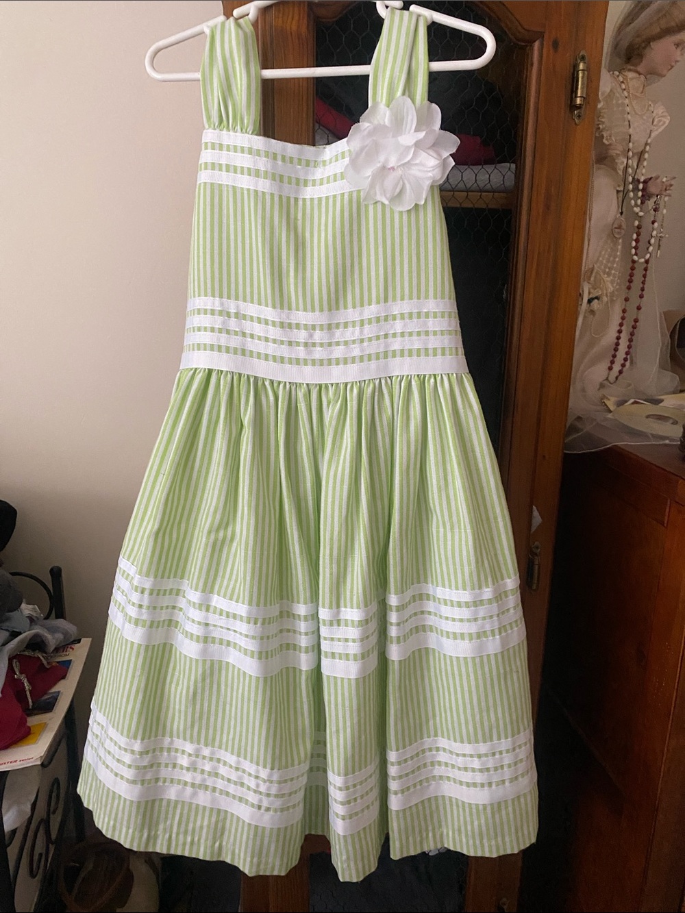 Bonnie Jean Light Green and White Striped Flower-Accent Sundress
